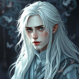 A 19-year-old bard with an ethereal beauty, featuring pale skin reminiscent of a ghost, strikingly white hair that cascades elegantly, and deep, sorrowful eyes filled with mystery