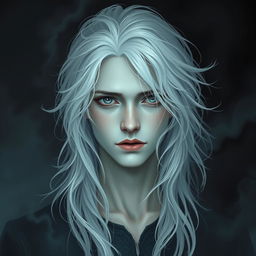 A 19-year-old bard with an ethereal beauty, featuring pale skin reminiscent of a ghost, strikingly white hair that flows elegantly, and deep, sorrowful eyes filled with pain and longing