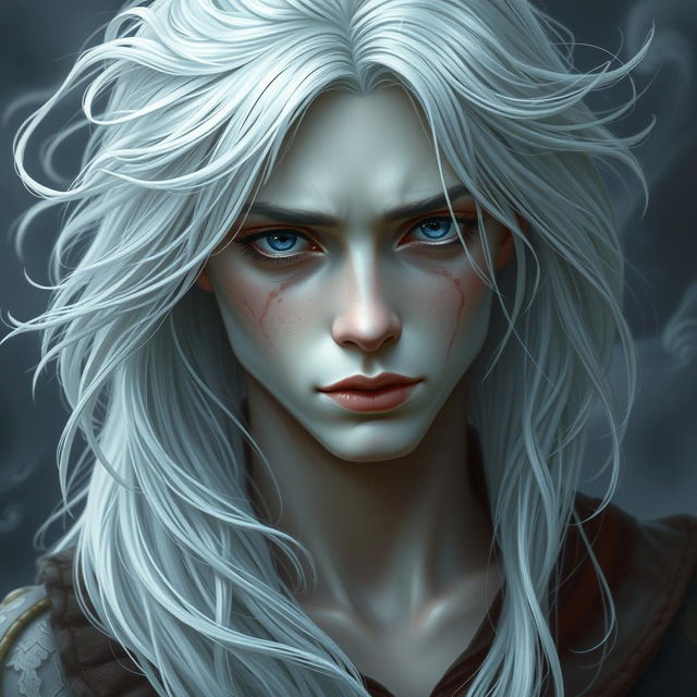 A 19-year-old bard with an ethereal beauty, featuring pale skin reminiscent of a ghost, strikingly white hair that flows elegantly, and deep, sorrowful eyes filled with pain and longing