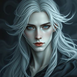 A 19-year-old bard with an ethereal beauty, featuring pale skin reminiscent of a ghost, strikingly white hair that flows elegantly, and deep, sorrowful eyes filled with pain and longing