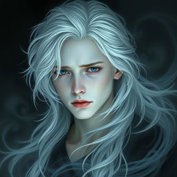 A 19-year-old bard with an ethereal beauty, featuring pale skin reminiscent of a ghost, strikingly white hair that flows elegantly, and deep, sorrowful eyes filled with pain and longing