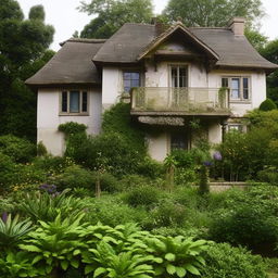 A large, two-story, old house with a beautiful garden