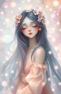 A whimsical and enchanting lady with her eyes closed, her long flowing hair adorned with delicate flowers, surrounded by a dreamy, ethereal background filled with soft pastel colors and twinkling fairy lights