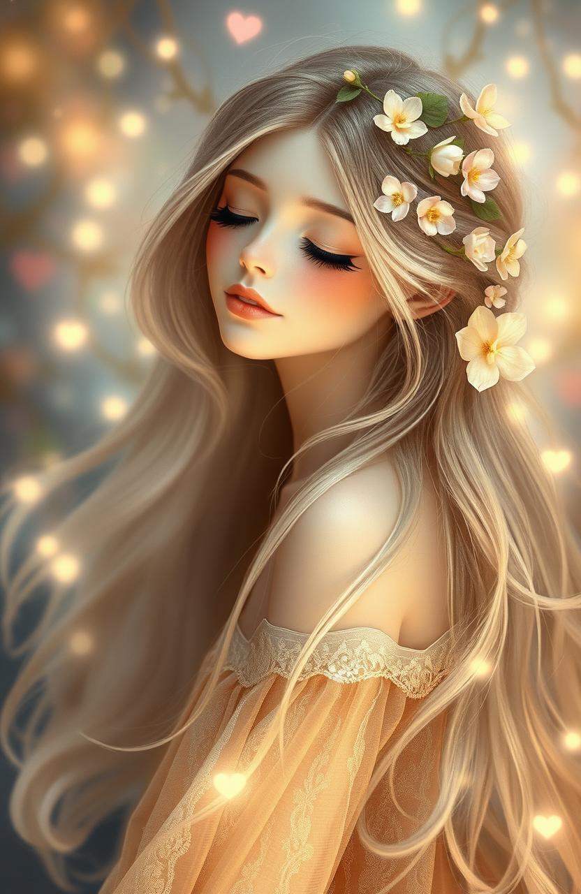 A whimsical and enchanting lady with her eyes closed, her long flowing hair adorned with delicate flowers, surrounded by a dreamy, ethereal background filled with soft pastel colors and twinkling fairy lights