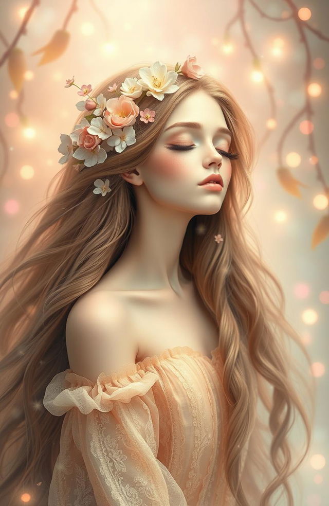 A whimsical and enchanting lady with her eyes closed, her long flowing hair adorned with delicate flowers, surrounded by a dreamy, ethereal background filled with soft pastel colors and twinkling fairy lights