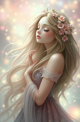 A whimsical and enchanting lady with her eyes closed, her long flowing hair adorned with delicate flowers, surrounded by a dreamy, ethereal background filled with soft pastel colors and twinkling fairy lights