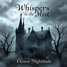 A captivating book cover design for 'Whispers in the Mist' by Eleanor Nightshade, featuring a dark and ominous Gothic mansion shrouded in mist