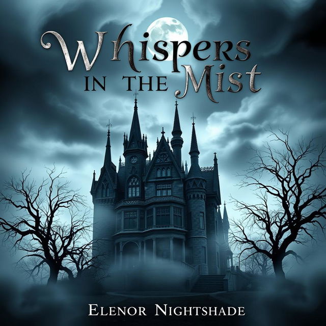 A captivating book cover design for 'Whispers in the Mist' by Eleanor Nightshade, featuring a dark and ominous Gothic mansion shrouded in mist