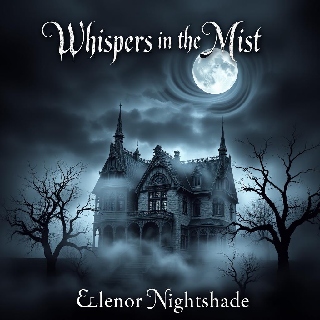 A captivating book cover design for 'Whispers in the Mist' by Eleanor Nightshade, featuring a dark and ominous Gothic mansion shrouded in mist