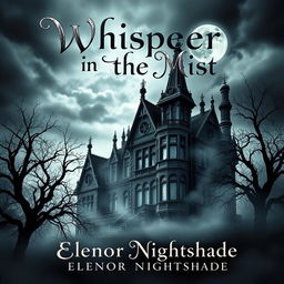 A captivating book cover design for 'Whispers in the Mist' by Eleanor Nightshade, featuring a dark and ominous Gothic mansion shrouded in mist
