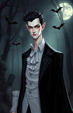 A stunning vampire character design for a gothic novel cover, featuring a tall, slender figure with pale skin and striking, sharp facial features