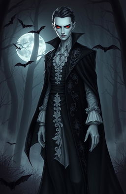 A stunning vampire character design for a gothic novel cover, featuring a tall, slender figure with pale skin and striking, sharp facial features