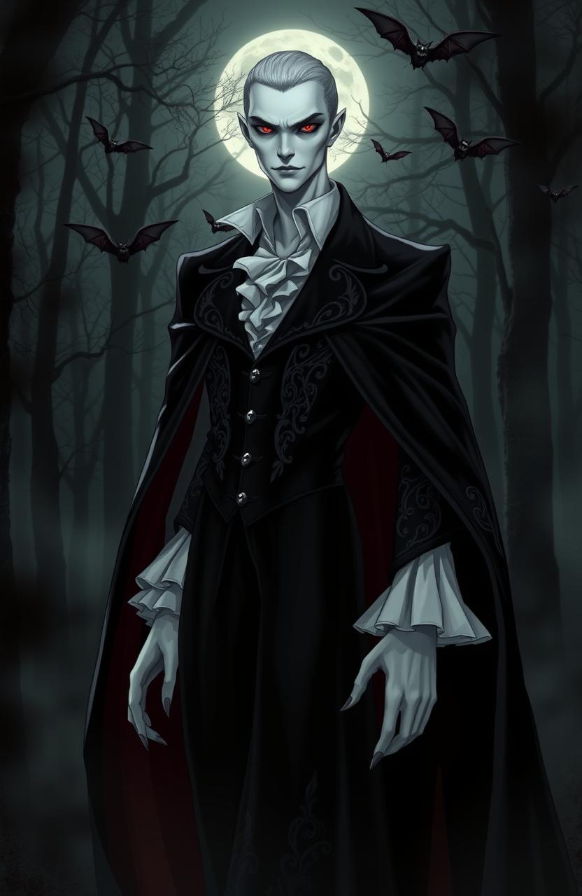 A stunning vampire character design for a gothic novel cover, featuring a tall, slender figure with pale skin and striking, sharp facial features