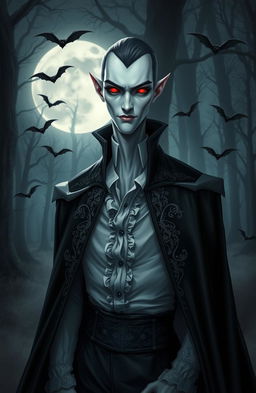 A stunning vampire character design for a gothic novel cover, featuring a tall, slender figure with pale skin and striking, sharp facial features