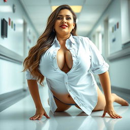 A confident adult woman on all fours, playfully showcasing her massive, gigantic breasts, deep cleavage, and enormous bust