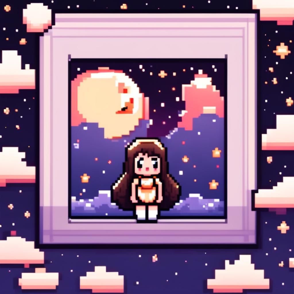 Pixel art profile picture featuring a detailed moon surrounded by stars against a gradient night sky, framed by a black border