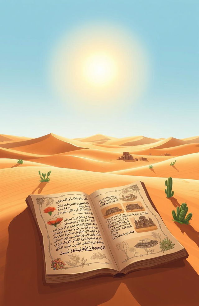 A beautifully illustrated book cover featuring a vast desert landscape, with golden sand dunes stretching into the horizon under a bright blue sky