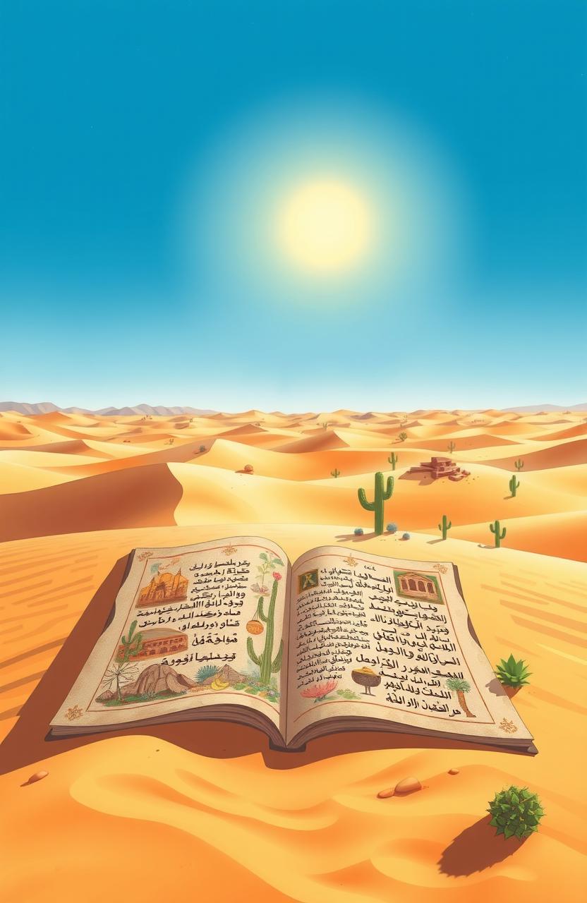 A beautifully illustrated book cover featuring a vast desert landscape, with golden sand dunes stretching into the horizon under a bright blue sky