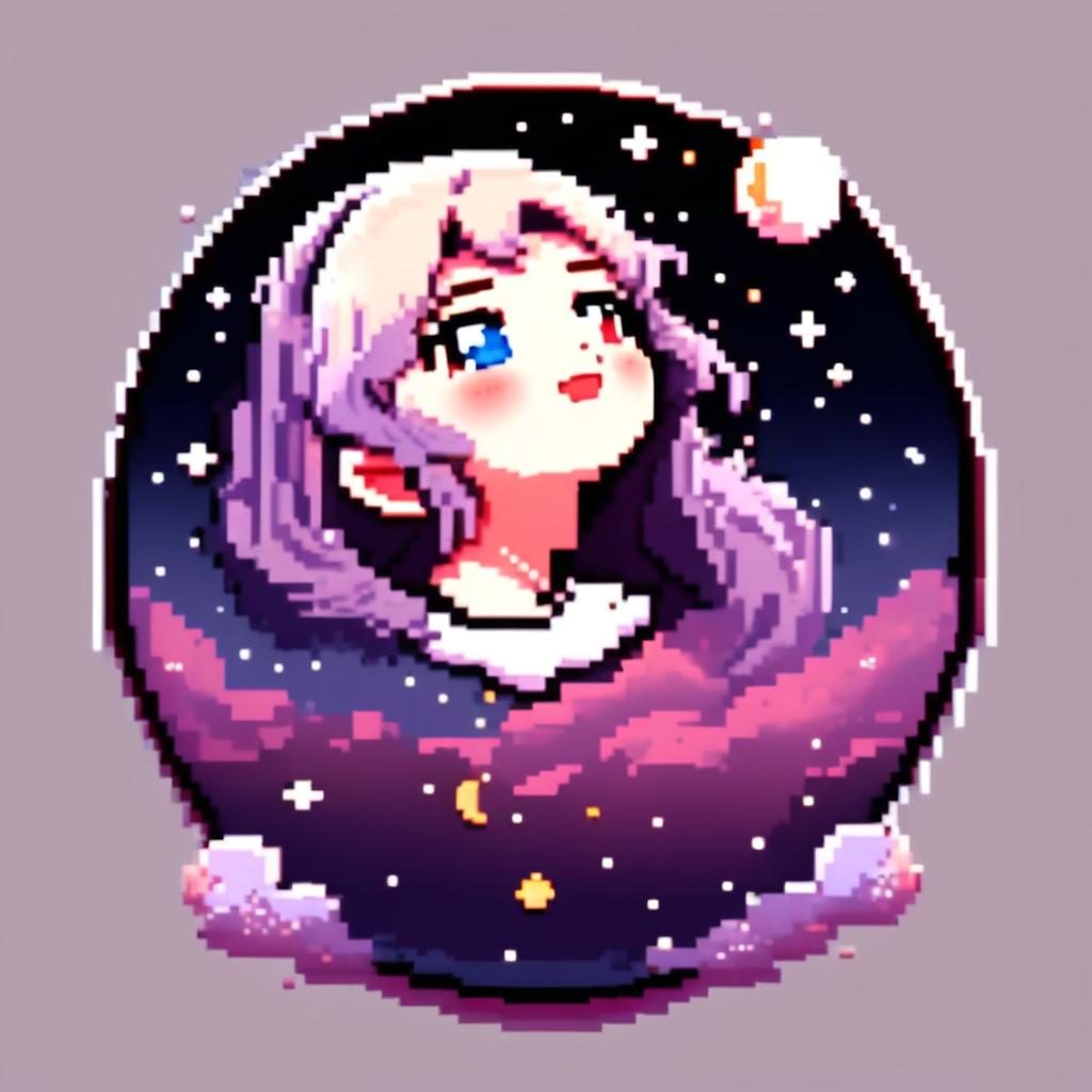 Pixel art profile picture featuring a detailed moon surrounded by stars against a gradient night sky, framed by a black border