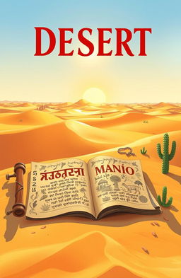 A beautifully illustrated book cover featuring a vast desert landscape, with golden sand dunes stretching into the horizon under a bright blue sky