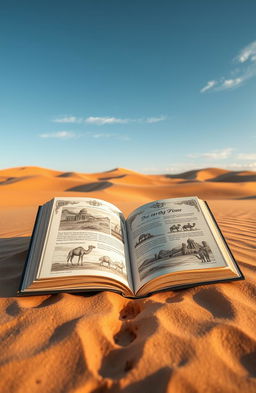 A beautifully designed book lying open on the sand of a vast desert, with warm sunlight illuminating the pages