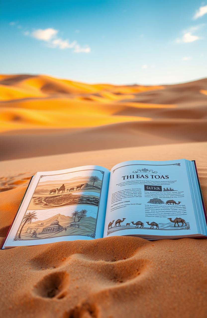 A beautifully designed book lying open on the sand of a vast desert, with warm sunlight illuminating the pages