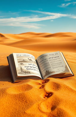 A beautifully designed book lying open on the sand of a vast desert, with warm sunlight illuminating the pages