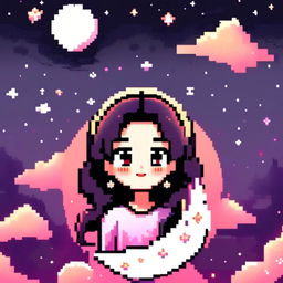 Pixel art profile picture featuring a detailed moon surrounded by stars against a gradient night sky, framed by a black border