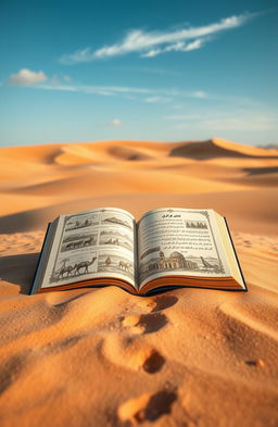 A beautifully designed book lying open on the sand of a vast desert, with warm sunlight illuminating the pages