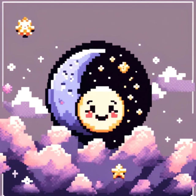 Pixel art profile picture featuring a cute, smiling moon against a starry night sky, framed by a black border.