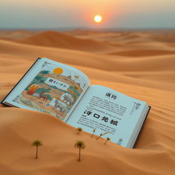 A beautifully illustrated book titled 'धाटनाम़ा' lying open on the warm sands of a vast desert