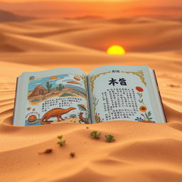 A beautifully illustrated book titled 'धाटनाम़ा' lying open on the warm sands of a vast desert