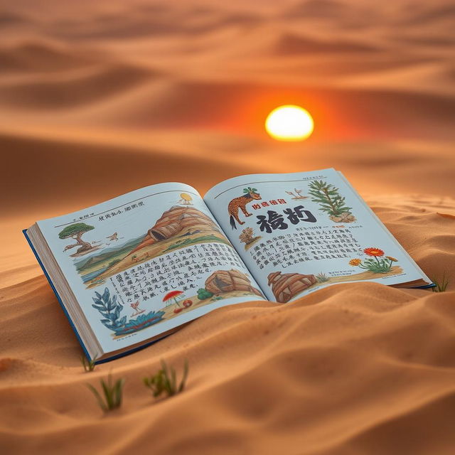 A beautifully illustrated book titled 'धाटनाम़ा' lying open on the warm sands of a vast desert