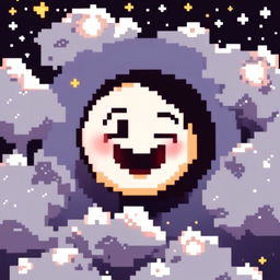 Pixel art profile picture featuring a cute, smiling moon against a starry night sky, framed by a black border.