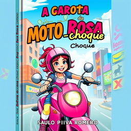 A captivating and colorful book cover for 'A Garota da Moto Rosa – Choque' by Saulo Piva Romero, aimed at a children's and young adult audience