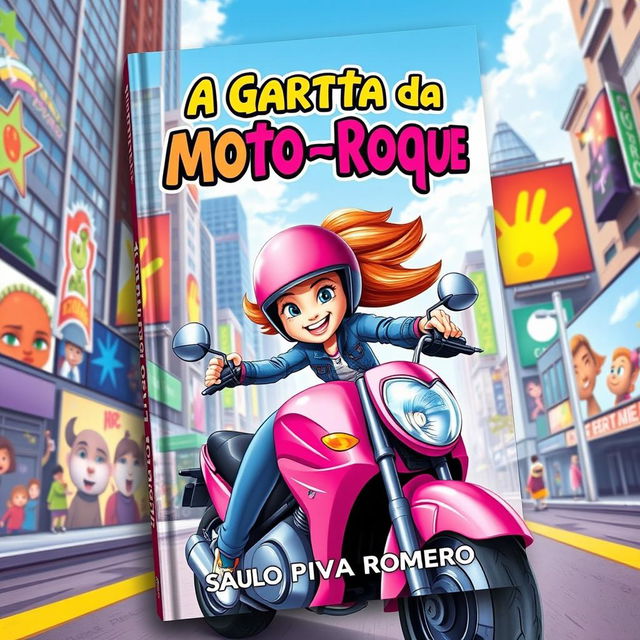 A captivating and colorful book cover for 'A Garota da Moto Rosa – Choque' by Saulo Piva Romero, aimed at a children's and young adult audience