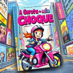 A captivating and colorful book cover for 'A Garota da Moto Rosa – Choque' by Saulo Piva Romero, aimed at a children's and young adult audience