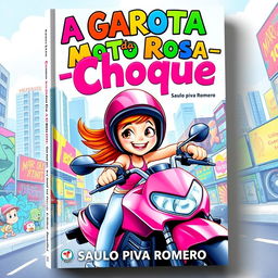 A captivating and colorful book cover for 'A Garota da Moto Rosa – Choque' by Saulo Piva Romero, aimed at a children's and young adult audience
