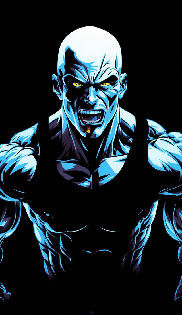 Digital art of Tyler1 with exaggerated muscles, intense blue eyes, shouting expression, in a black t-shirt with his logo, against a gradient blue background