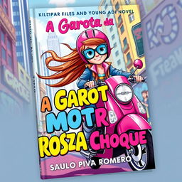 A vibrant and captivating book cover for a children's and young adult novel titled 'A Garota da Moto Rosa Choque' by Saulo Piva Romero