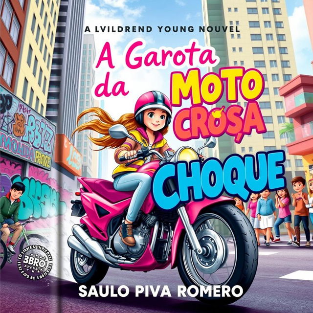 A vibrant and captivating book cover for a children's and young adult novel titled 'A Garota da Moto Rosa Choque' by Saulo Piva Romero