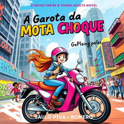 A vibrant and captivating book cover for a children's and young adult novel titled 'A Garota da Moto Rosa Choque' by Saulo Piva Romero