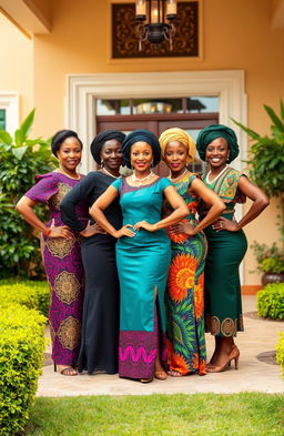A group of elegant Black Army officers' wives, confidently standing together, dressed in vibrant traditional African dresses, showcasing their cultural heritage