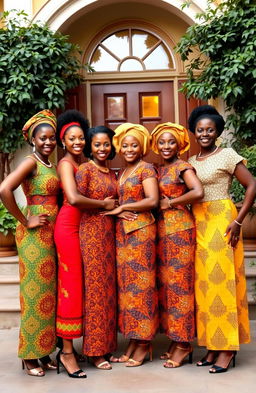 A group of elegant Black Army officers' wives, confidently standing together, dressed in vibrant traditional African dresses, showcasing their cultural heritage