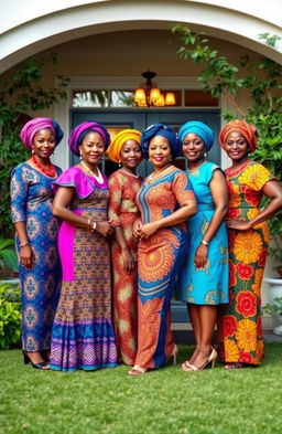 A group of elegant Black Army officers' wives, confidently standing together, dressed in vibrant traditional African dresses, showcasing their cultural heritage