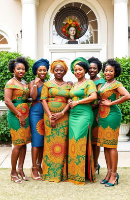 A group of elegant Black Army officers' wives, confidently standing together, dressed in vibrant traditional African dresses, showcasing their cultural heritage
