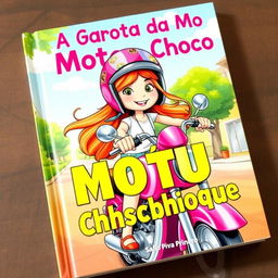 A whimsical book cover for a children's novel titled 'A Garota da Moto Rosa Choque' by Saulo Piva Romero