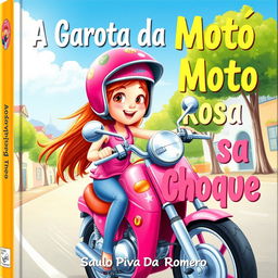 A whimsical book cover for a children's novel titled 'A Garota da Moto Rosa Choque' by Saulo Piva Romero