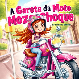 A whimsical book cover for a children's novel titled 'A Garota da Moto Rosa Choque' by Saulo Piva Romero