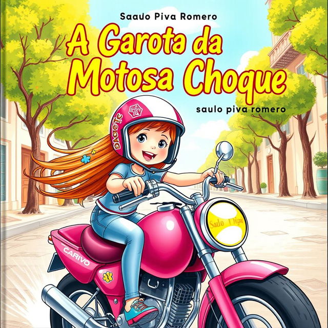 A whimsical book cover for a children's novel titled 'A Garota da Moto Rosa Choque' by Saulo Piva Romero